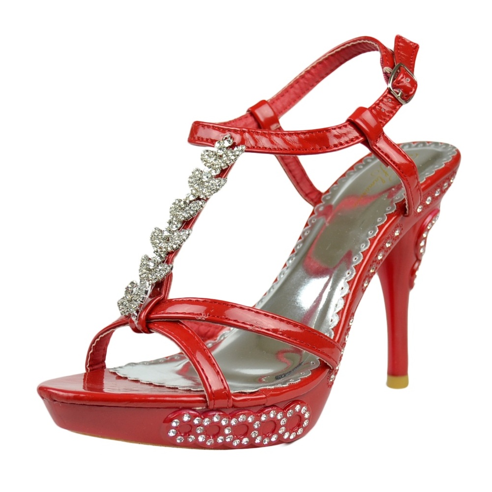 Women Dress Sandals Rhinestones Heels Red DIA02